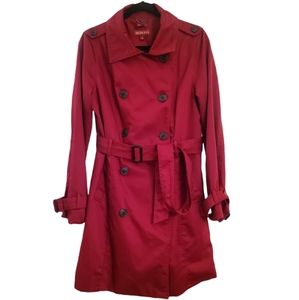 MERONA Trench Rain Coat Wine Red Belt Tie Button Up Metal Loop Carmen San Diego